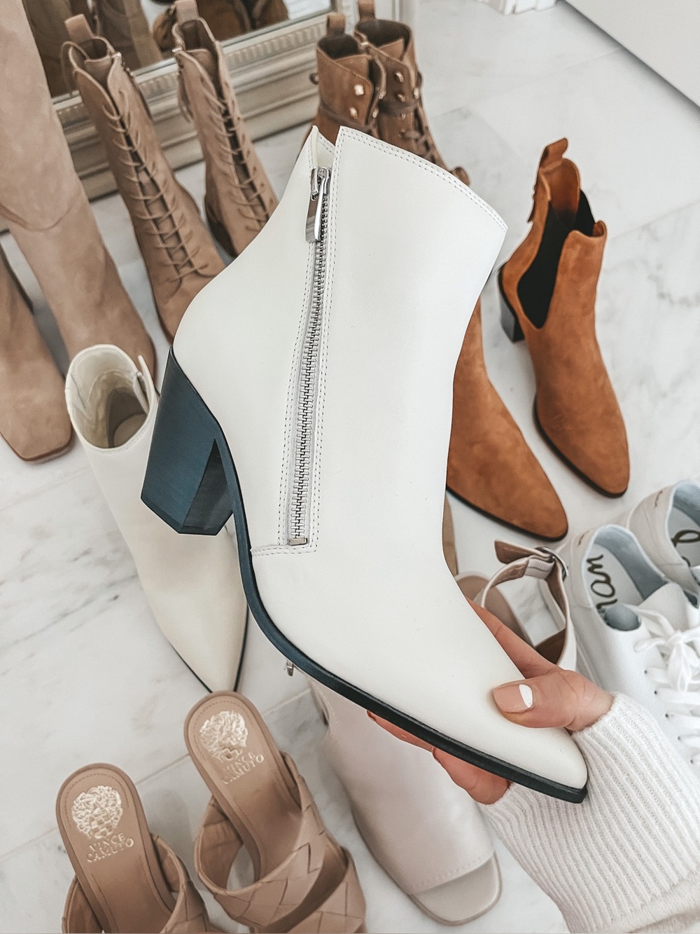 PAIGE White Leather Pointed Ankle Boot with Side Zip